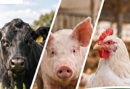 Black Angus cattle, a pig and a chicken representing the livestock industry